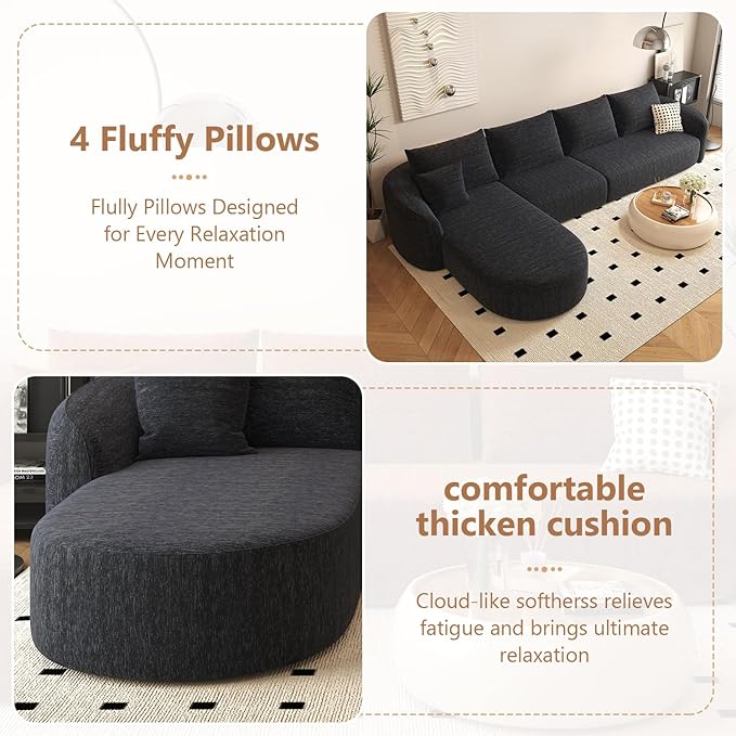138.6 L Shaped Modern Modular Sectional Curved Back Sofa Minimalist Style Comfy Cloud Couch for Living Room Apartment No Assembly Required Boneless Couches (BlackLeft Facing Chaise)