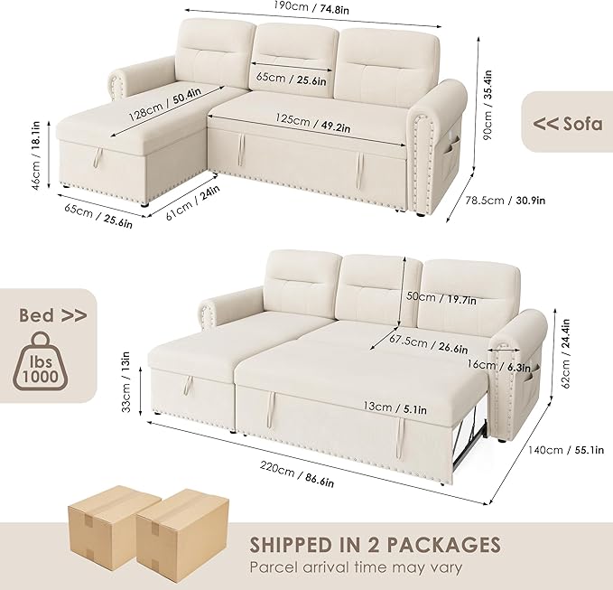 Sleeper Sofa Bed 87'' Pull Out Couch Bed with Reversible Storage Chaise &amp Nailhead Armrest Sectional Couches for Living Room Side Pocket &amp Charging Station Removable Backrest Velvet Fabri