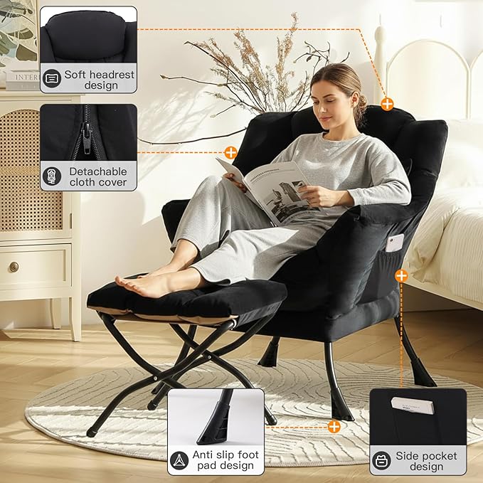 Lazy Chair with Ottoman Large Accent Chair with Ottoman and a Throw Pillow Black Reading Chair for Living Room Bedroom Dorm Room Office Apartment Relaxing Use