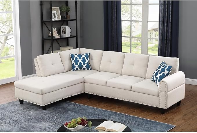 Sophisticated Simplicity Sectional Sofa with Ottoman Living Room Set Left Facing Chaise 2 Cup Holders 2 Throw Pillows Tufted Back and Seat - 99.5 D x 67 W x 32 H Beige