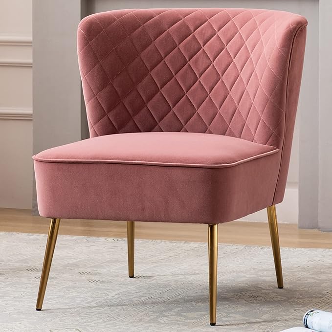 DUHOME Velvet Accent Chair Armless Slipper Vanity Makeup Chair with Back Upholstered Sofa Chair with Golden Legs Barrel Chair for Living Room Bedroom Pink