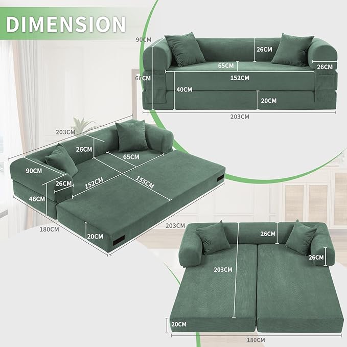 4-in-1 Folding Convertible Sofa Bed 80 Inch Oversized Corduroy Boneless Couch Loveseat Sleeper with Pull Out Bed Floor Sofa Modular Futon Teddy Sofa for Living Room Bedroom Lounge Light Green