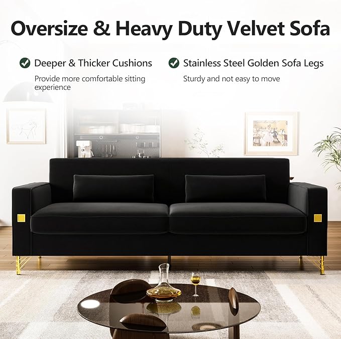 85.63'' Mid-Century Modern Black Velvet Sofa Couch with Metal Gold Legs 3 Seater Tufted Loveseat Couches with 2 Lumbar Pillows for Living Room and Apartment