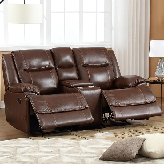 EBELLO Genuine Leather Manual Loveseat Recliner Reclining Sofa Chair with Cup Holder Hidden Storage Couch Set for Living Room Bedroom FurnitureMeeting Room Brown (Loveseat)