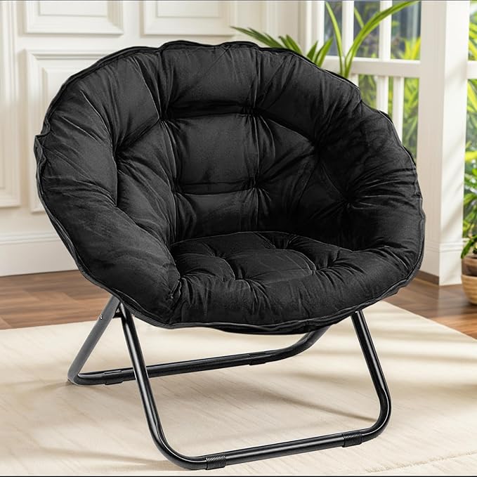 Grezone Folding Saucer Chair Oversized Lazy Moon Chair with Metal Frame Comfy Bedroom Chairs for Bedroom Living Room Study Black JC