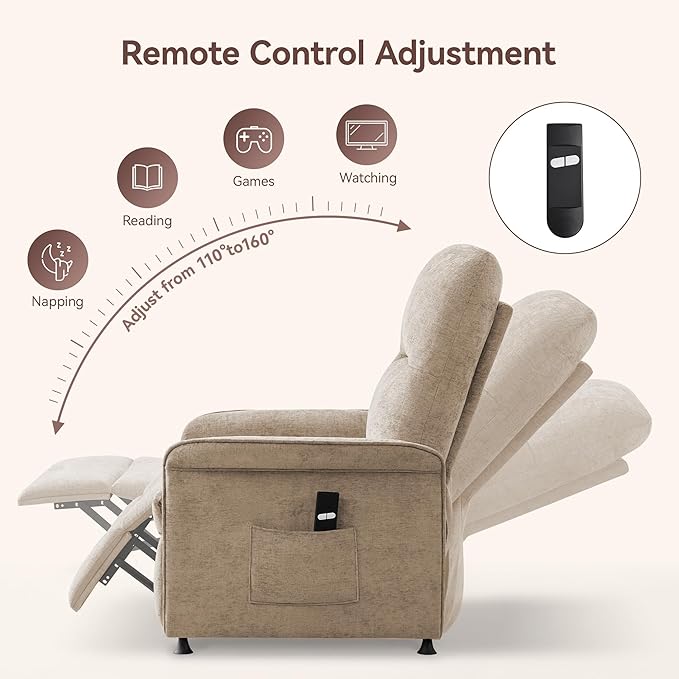 Power Recliner Chair for Adults Modern Reclining Single Sofa with Curved Armrest Comfy Ergonomics Electric Recliner with Side Pockets Adjustable Reading Chair for Living Room Bedroom Chenille Tan