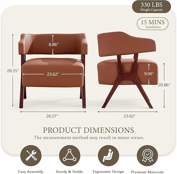 STHOUYN Leather Accent Chairs Barrel Chair with Solid Wood Frame Mid-Century Modern Wooden Armchair with Wraparound Back Comfy Office Reading Chair for Living Room Bedroom (2 Brown)
