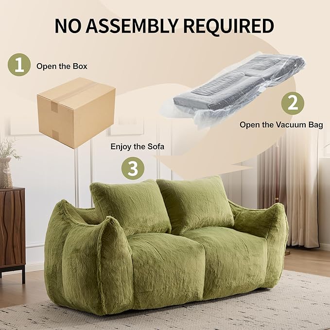 Compressed Sofa Couch in a Box 75” Beige Plush Floor Sofa Couch with Memory Foam for Bedroom Apartment Comfy Upholstered Foam Loveseat with Curved Armrest No Assembly (Green)
