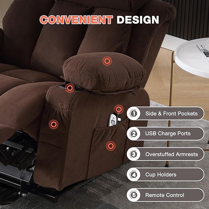 Power Lift Recliner Chair for Elderly with Vibration Massage and Lumbar Heating Electric Lift Recliner Single Sofa with Side Pocket Two Cup Holders and USB Charge Port for Living Room