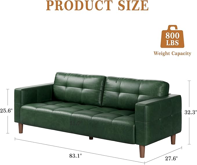 IDEALHOUSE 3-Seater Sofa Couch 83 in Wide Faux Leather Sofa Couch with Spring Cushion Modern Sofa with Deep Seats and 2 Removable Back Cushions for Living Room Bedroom Apartment Office Green