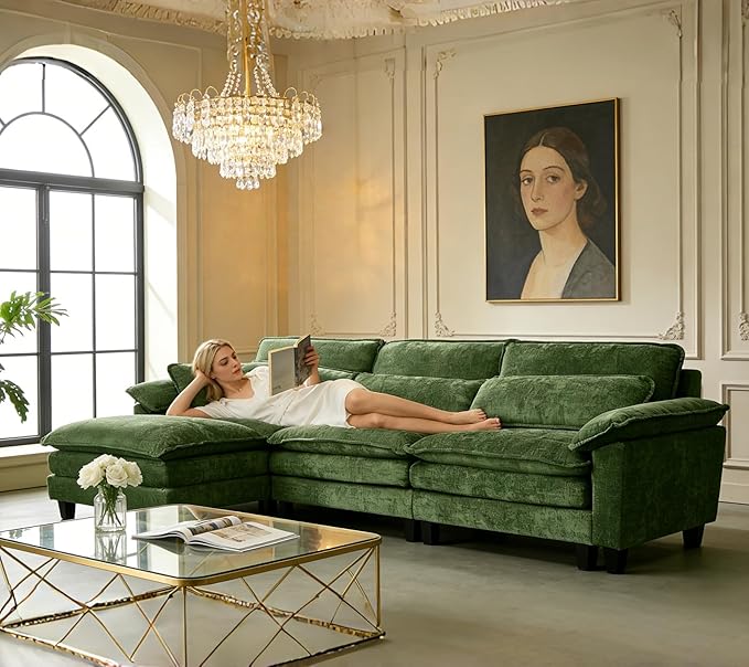 113 Modular Sectional Sofa: L Shaped Cloud Couch with Movable Ottoman Chenille 3 Seater Sofa with USB Charging &amp Side Pockets for Living Room - Green