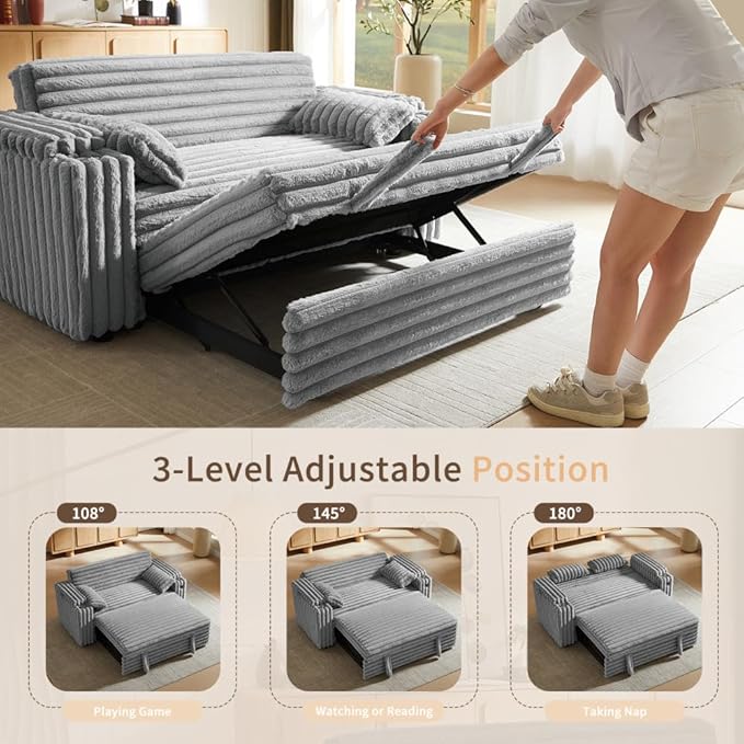 68 Corduroy Convertible Sofa Bed with USB Storage Armrests &amp Pillows – 3-in-1 Foldable Sleeper Chair Floor Couch for Living Room Bedroom Guest Room (ZY-1109-Light Gray)