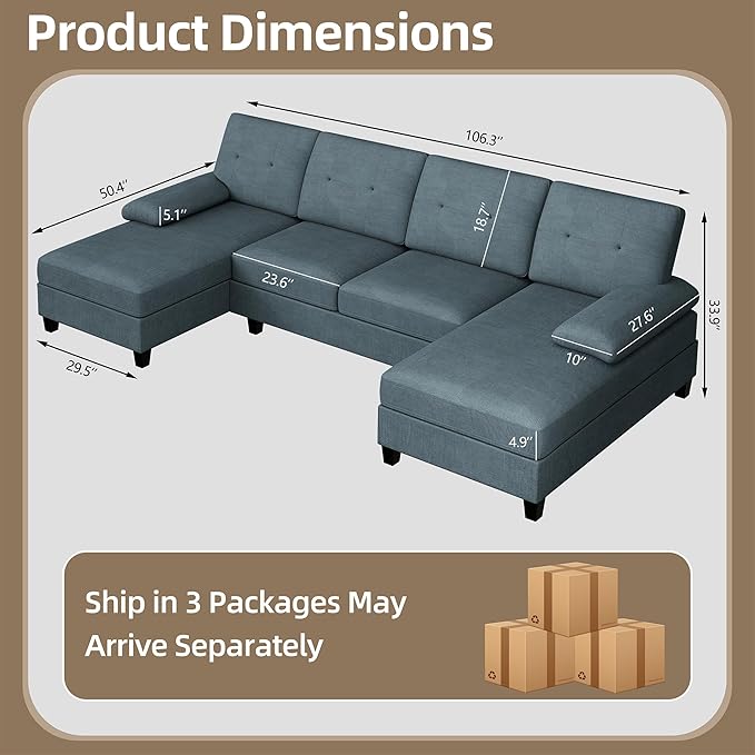 Nuturelly Nutually Sectional Couches for Living Room Convertible U-Shaped Sofa Couch with Double Chaise 4 Seat Sofa Set Modular Sofa Couch with Linen Fabric for Apartment Dark Gray
