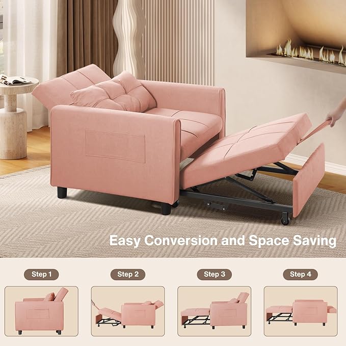 Aiho Convertible Sleeper Chair with Pillow &amp Pocket 3-in-1 Sofa Bed in Modern Linen Fabric for Apartment Pink