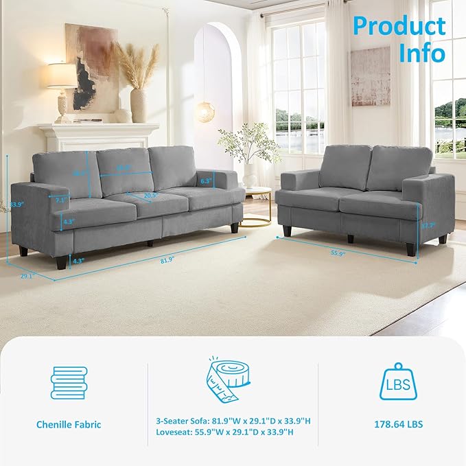 Mjkone 82 Width 2 Pieces Living Room Sofa Sets 3 Seater Sofas Couch and Loveseat Set Sofas Couches Living Room Furniture Sets Sectional 3-Seat Sofa + Loveseat Couch Set for Home Office Light Grey