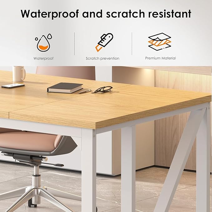 70 Computer Desks Large Wooden Home Office Desk with Thicker Tabletop and Metal Frame Writing Work Computer Study Table Desk for Home and Office Easy Assembly (Natural + White Metal Frame)