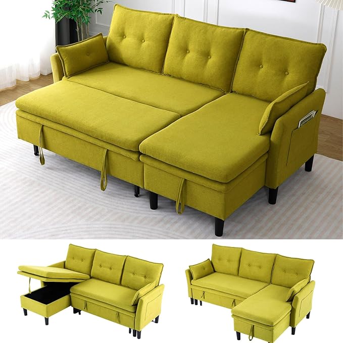 78 L-Shaped Sleeper Sofa Bed Couch 3-Seater Reversible Pull Out Couch Bed with Storage Chaise Lounge Cotton-Linen Pullout Sofabed Sectional Couches for Living Room Apartment Green