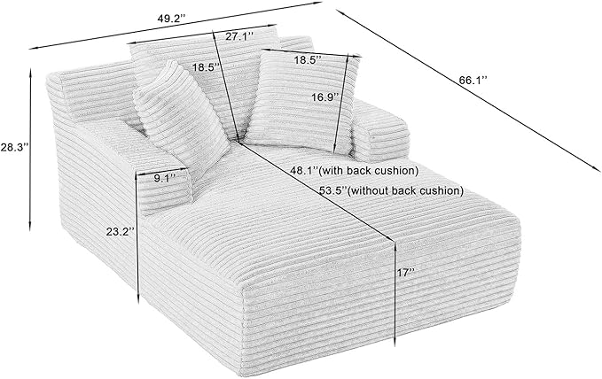 Oversized Chaise Lounge Chair Indoor Corduroy Sofa Bed with Throw Pillows Recliner Chair Comfy Large Deep Seat Sofa Couch for Living Room Bedroom Apartment (Light Grey)