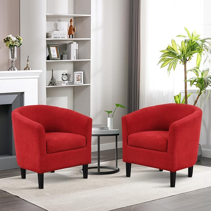 INZOY Modern Accent Chair with Ottoman Upholstered Barrel Reading Chair with Foot Rest Comfy Fabric Armchairs for Living Room Bedroom Small Spaces Easy to Assemble (Red)