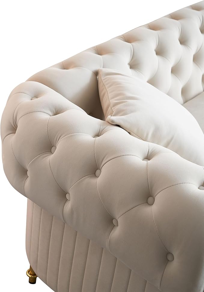 89 Sofa Couch Tufted Velvet Chesterfield Sofa Modern 3 Seat Sectional Couch with 2 Toss Pillows for Living Room Beige