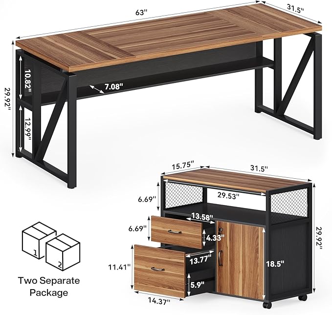 LITTLE TREE 63-Inch Office Desk with 31.5-Inch Lateral File Cabinet Study Writing Desk Computer Desk for Home Office