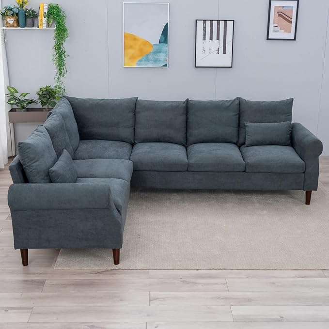 Panana 6 Seater Corner Sofa Modern Rolled Arms Design L Shaped Couch Settee for Living Room (Gray 6 seat L Shaped Corner Sofa)