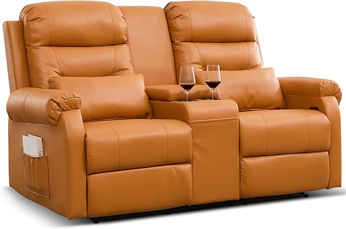DRMBOOK RV Loveseat Recliner Sofa with Console Faux Leather Double Wall Hugger Reclining Couch Manual Movie Seating 2 Person Recliner Chair with Cup Holders/Storage/Pocket/Lumbar Pillow Orange