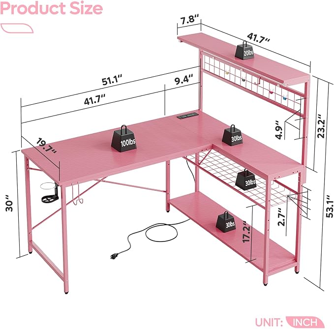 Bestier Gaming Desk 51 L-Shaped with Power Outlets &amp LED Lights- 4 Tier Shelves Reversible Gamer Table with Hooks &amp Cup Holder for Home Office Carbon Fiber Pink