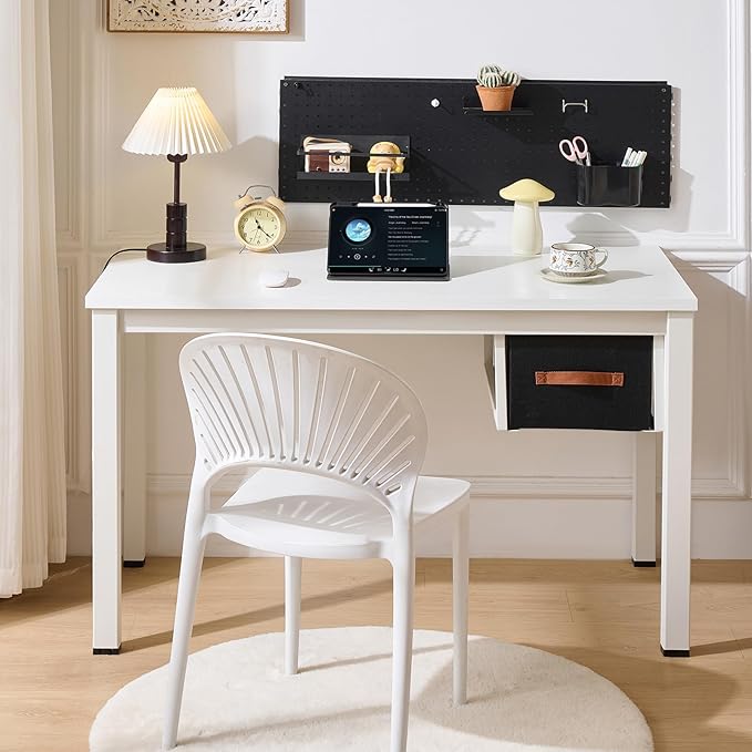 White Computer Desk with Drawer 47 Inch Home Office Work Desks Modern Writing Study PC Desk Gaming Table for Small Place Bedroom Thickened Tabletop and Stable Metal Frame Leg Support