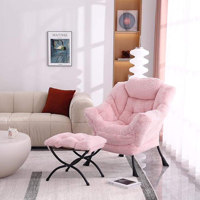 Lazy Chair with Folding Ottoman Modern Accent Lounge Armchair with Armrests and a Side Pocket &amp Foldable Footstool Leisure Reading Chair for Living Room Bedroom Dorm &amp Office Plush Pink