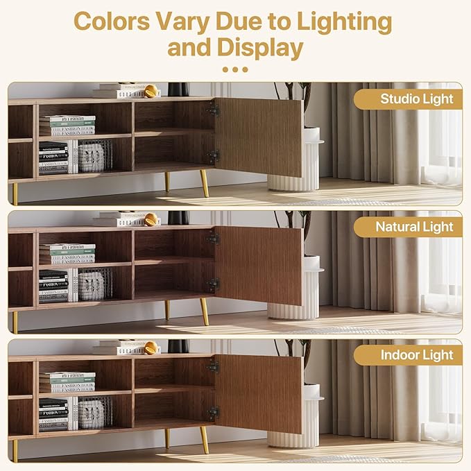 Modern 86in TV Stand for Living Room Fluted Design Entertainment Center with Adjustable ShelvesMedia TV Console Table with Storage for BedroomWalnut
