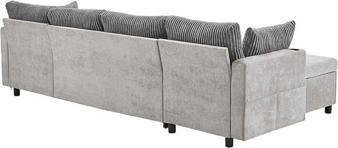 111.8 Sectional Sofa Pull-Out Sofa Bed with Double Storage Chaise Lounge Versatile Sofa Sleeper Couch with Cup Holders and USB Ports for Living Room Appartment Office (Grey-CF)