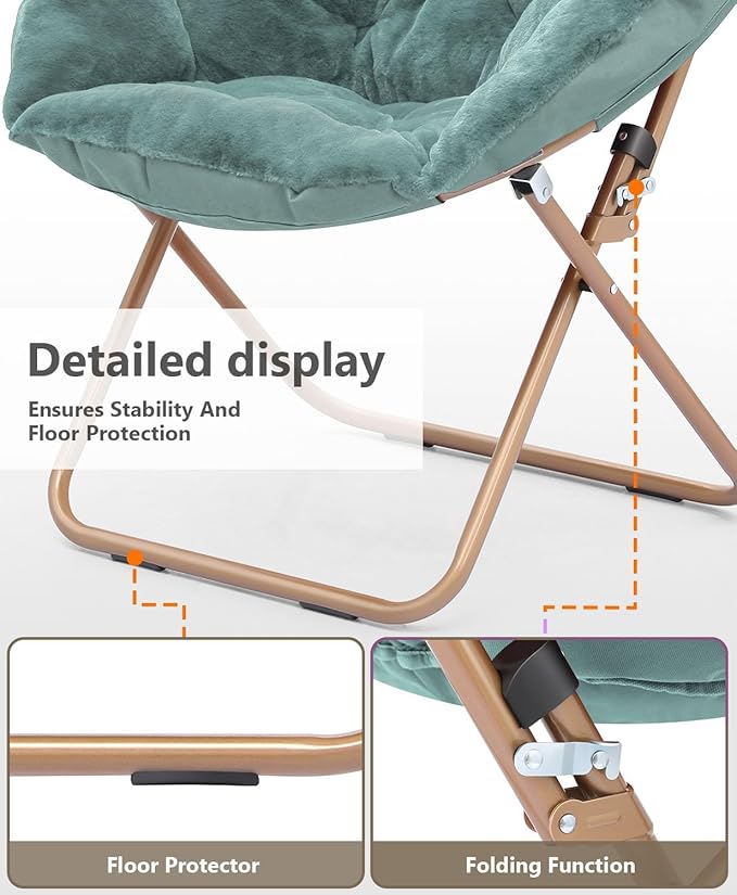 Cozy Saucer Chair Living Room Chair Faux Fur Soft Thick Padded Seat Metal Frame Folding Chair Comfortable Moon Chair for Living Room Bedroom Reading Nook Modern Style 2 Pack Green