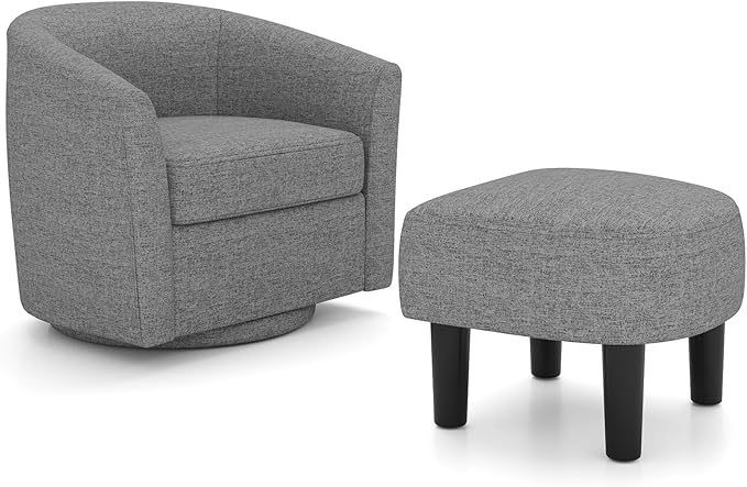 Giantex Swivel Accent Chair with Ottoman Modern Barrel Club Chair w/Footrest Curved Backrest &amp Armrests Removable Seat Cushion Swivel Single Sofa Arm Chair for Living Room Bedroom Office Gr