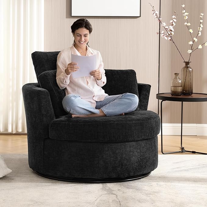 42 W Modern Black Swivel Barrel Chair with 360° Round Metal Base &amp Soft Chenille Pillows &amp Thick Cushion Comfy Oversized Chaise Longue Indoor Living Room Bedroom Club Reading Armchair (Blac