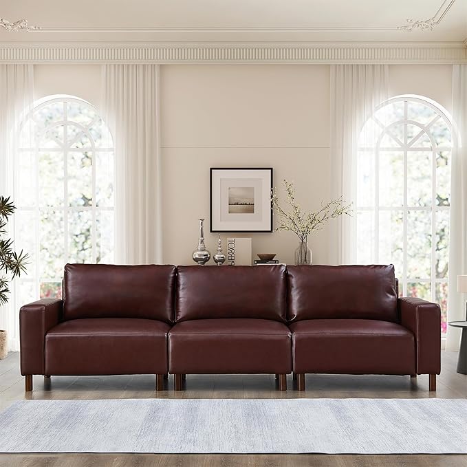 Mid-Century Modern Sofa Set of 2 PU Leather 3-Seater Couch with Solid Wood Legs &amp Square Armrests Lounge Comfy Loveseat Sofa Upholstered Cozy Couch for Living Room Office(78.5W + 112W Burgu