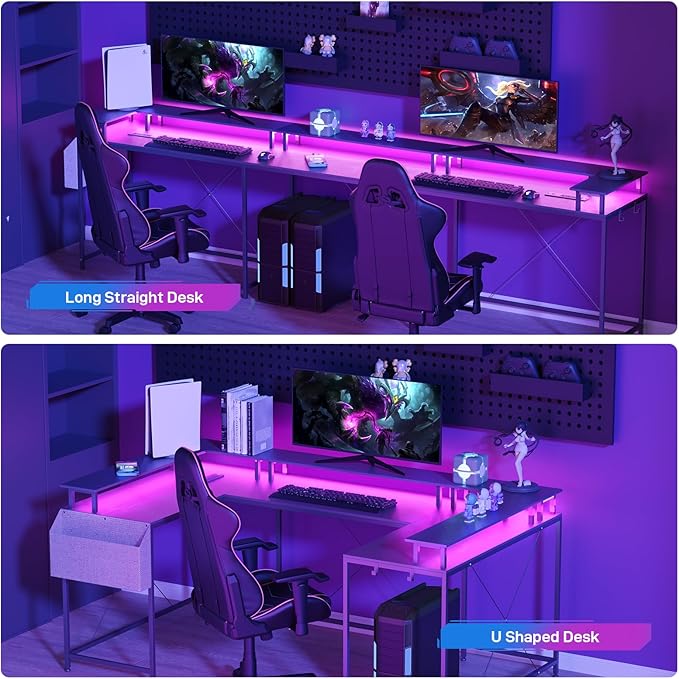 GAOMON 79 Inch u Shaped Desk with Power Outlets LED Strip &amp Monitor Stand Large Corner Computer Desk with Monitor Stand &amp with Storage Shelves for Home Office