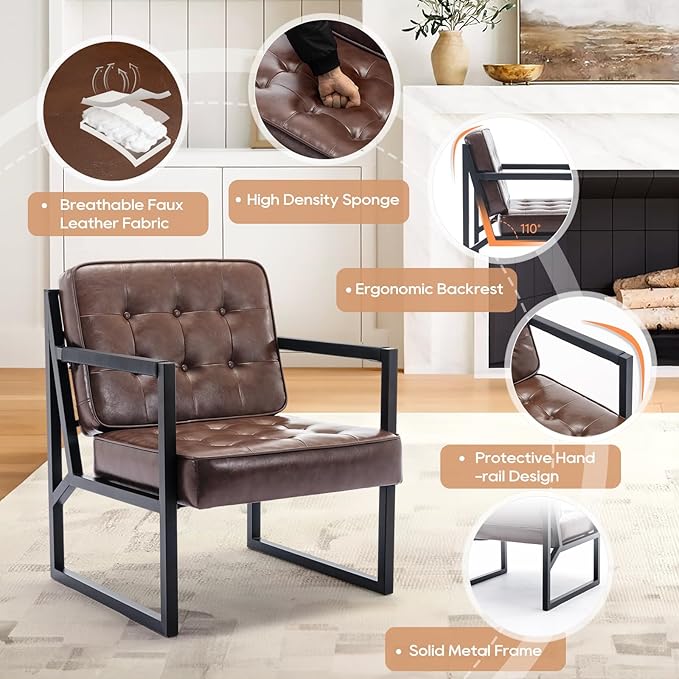 COLAMY Leather Accent Chairs Set of 2 Accent Arm Chairs for Living Room Comfy Leather Armchairs with Metal Legs for Bedroom Reception Room Brown