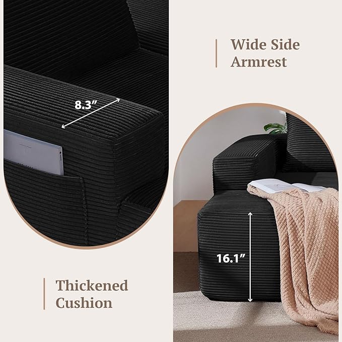 97inch Boneless L-Shaped Sectional Sofa with Throw Pillow &amp Side Pockets- No Assembly Compressed Modular Couch Memory Foam Deep Seat for Living Room Bedroom Apartment Black Left
