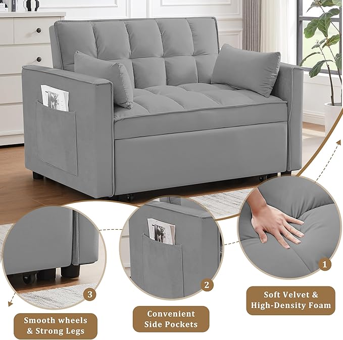 53.5 3-in-1 Convertible Sofa Bed Loveseat Couch With Pull-Out Bed Side Pockets And Adjustable Backrest Suitable For Living Rooms Apt And Offices Velvet Fabric Recliner SofaS Bed(gray 53.5)