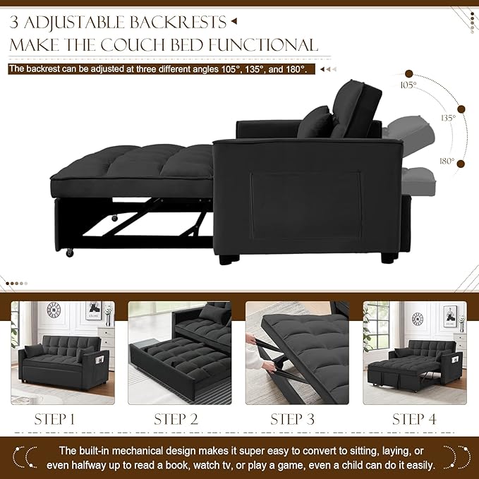 Velvet Pull Out Sleeper Sofa Bed Convertible Futon Couch Bed with Adjustable Backrests 3 in 1 Modern Loveseat with 2 Pockets and Pillows Small Love Seat for Living Room Guest Room Office Black