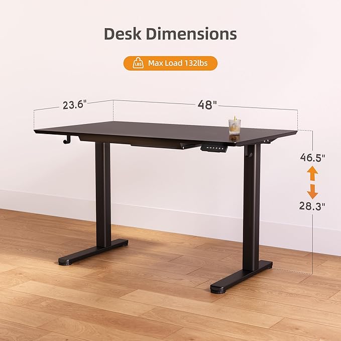 Claiks Glass Standing Desk with Drawers 48×24 Inch Electric Adjustable Height Stand Up Desk Quick Install Computer Desk Black