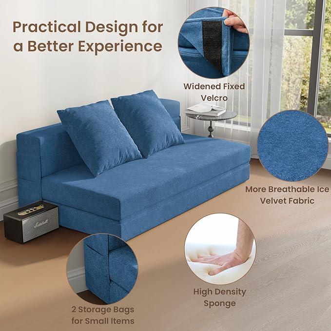 60 Convertible Sleeper Sofa Bed 5-in-1 Loveseat Boneless Couch in a Box Fold Out Chair Bed with Pillows Folding Floor Mattress for Living Room Bedroom Dorm Guest Use Apartment Navy Blue