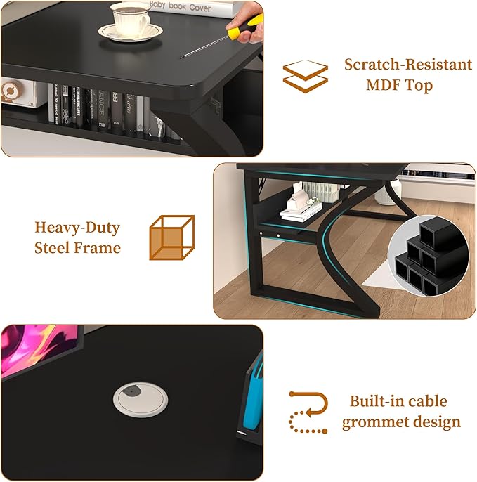 55'' Computer Desk w/Storage &amp Cable Management Home Office Desk w/Sturdy U-Shaped Metal Frame &amp Water-Resistant Scratchproof Surface Study Writing Desk for Office &amp Bedroom Black