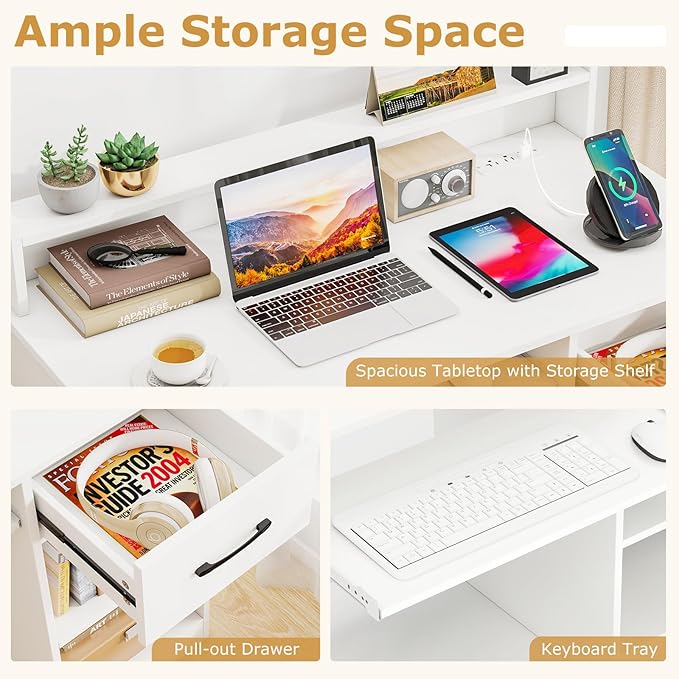 Computer Desk with Drawers Study Table with Storage Shelves Keyboard Tray Power Outlet Wood Makeup Vanity Table Small Desk for Bedroom Study Living Room Home Office (White 35''H)