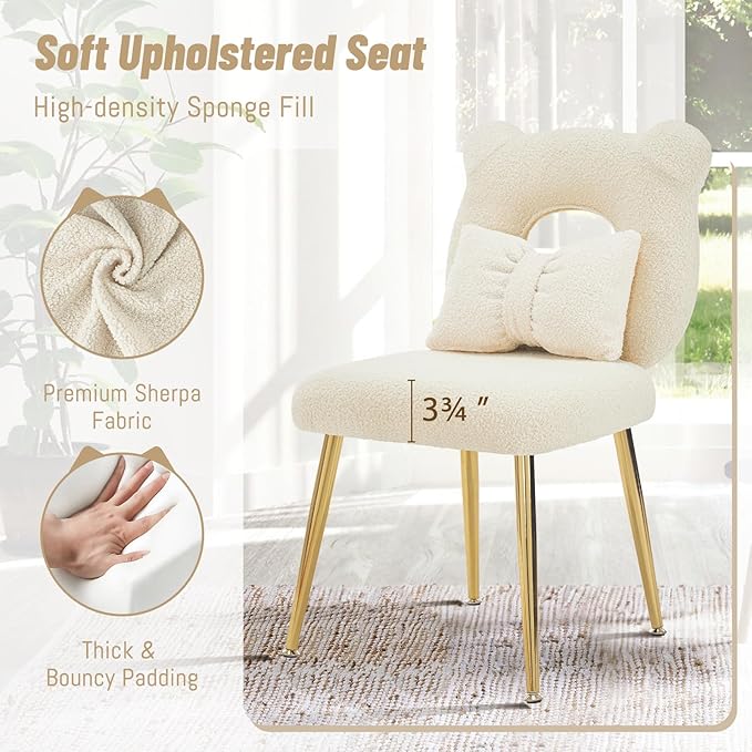 Furniliving Armless Upholstered Chair for Makeup Vanity Cute Sherpa Accent Chair for Living Room Bedroom Dressing Room Vanity Stool Chair with Back Gold Legs IvoryWhite