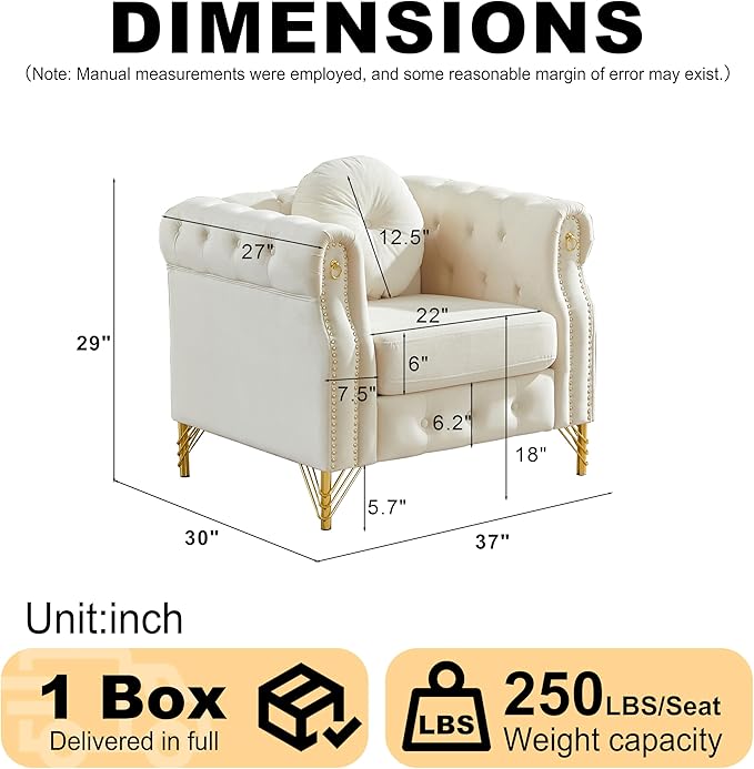 ERYE 37-Inch Chesterfield Button Tufted Single Sofa with Round Pillow Single Seat Velvet Tufted Sofa W/Nailhead DecorRing Accent &amp Golden Legs