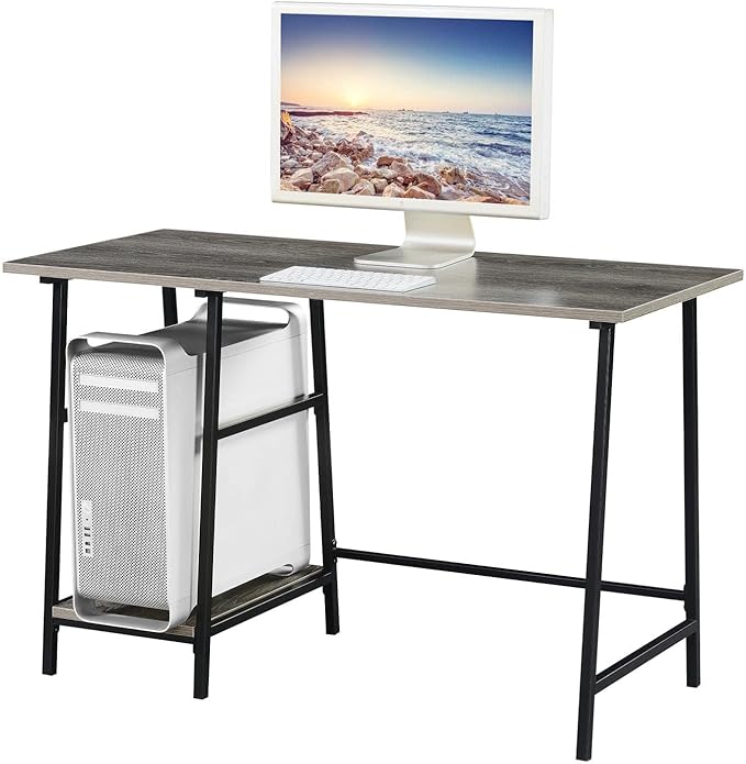 Pemberly Row Trestle Desk 47 in x 20 in x 29.25 in Weathered Gray Particle Board Wood Black Powder Coated Metal Frame Removable Shelves Home Office Workstation Modern Style
