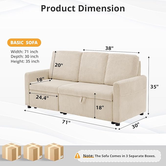 Sectional Sofa for Living Room 71 Corduroy Fabric Modern 3 Seater Sofa with Seats Storage &amp Side Pockets Upholstered W/Deep Seat Couch for Small Space Bedroom Apartment Beige