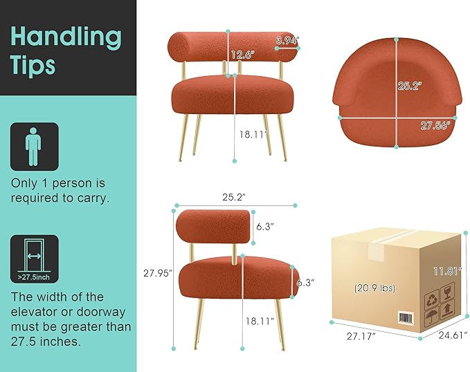 Mid Century Sherpa Boucle Accent Chair Round Upholstered Barrel Arm Chair for Small Spaces Fluffy Side Corner Sofa Chair for Living Room Bedroom Vanity Office Reading Nook(Orange)